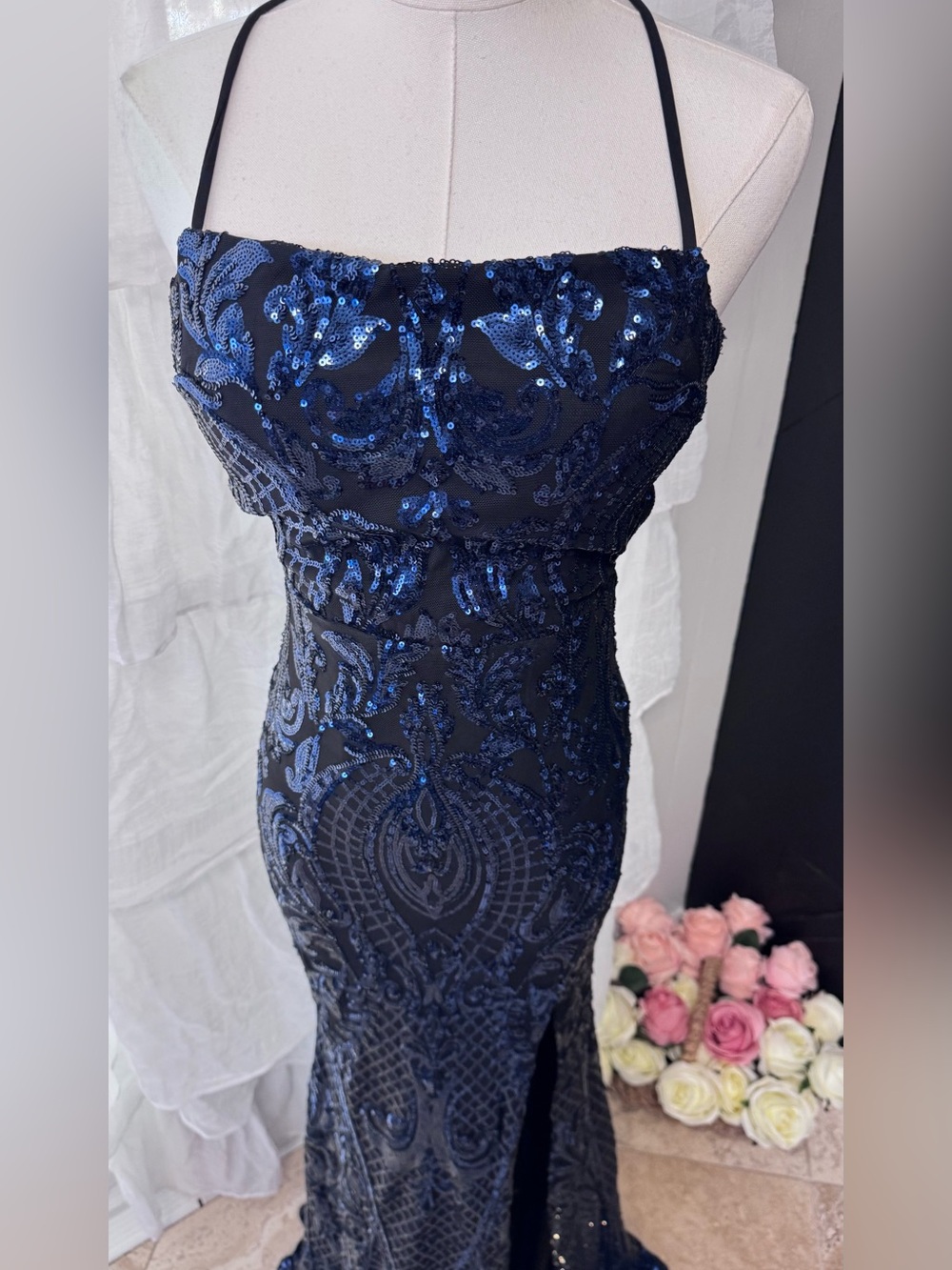 Windsor Navy Sequin Halter Gown with Thigh Slit - Picture 12 of 16
